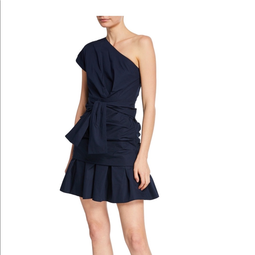 Derek Lam Navy One-Shoulder Tie-Waist Dress